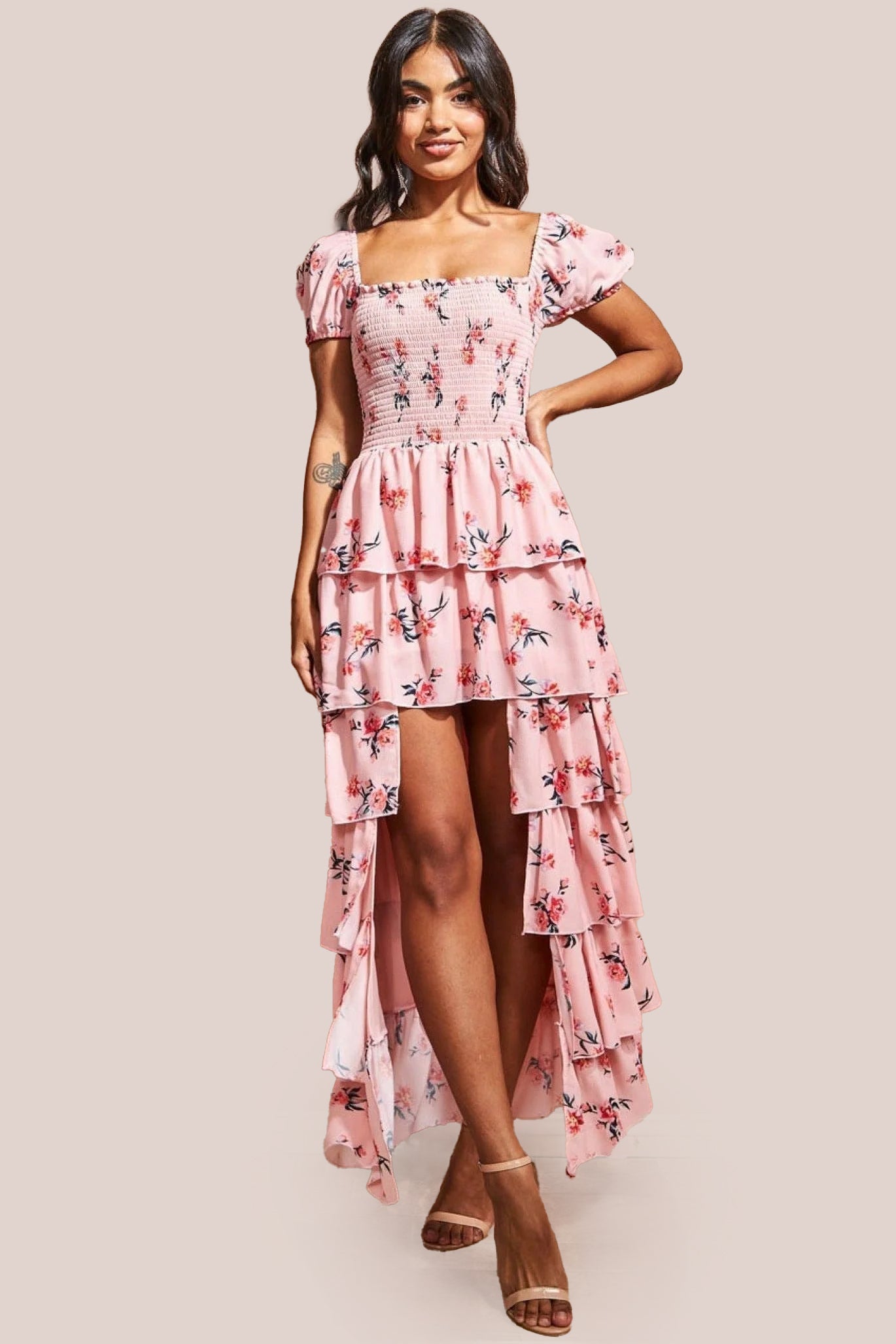 Layered Dipped Hem Floral Maxi - Peach DR3506