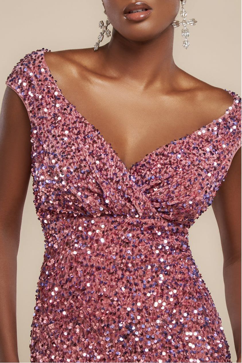 Multi Sequin & Velvet Bardot Maxi Dress - Blush Pink DR3512