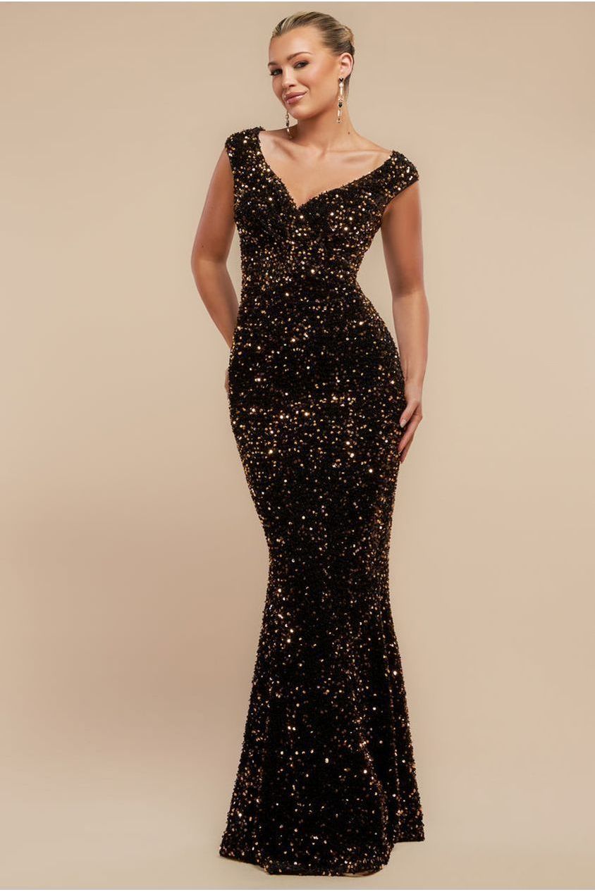 Multi Sequin & Velvet Bardot Maxi - Gold DR3512