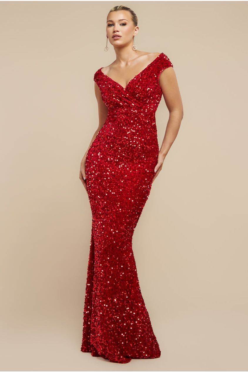 Multi Sequin & Velvet Bardot Maxi Dress - Red DR3512