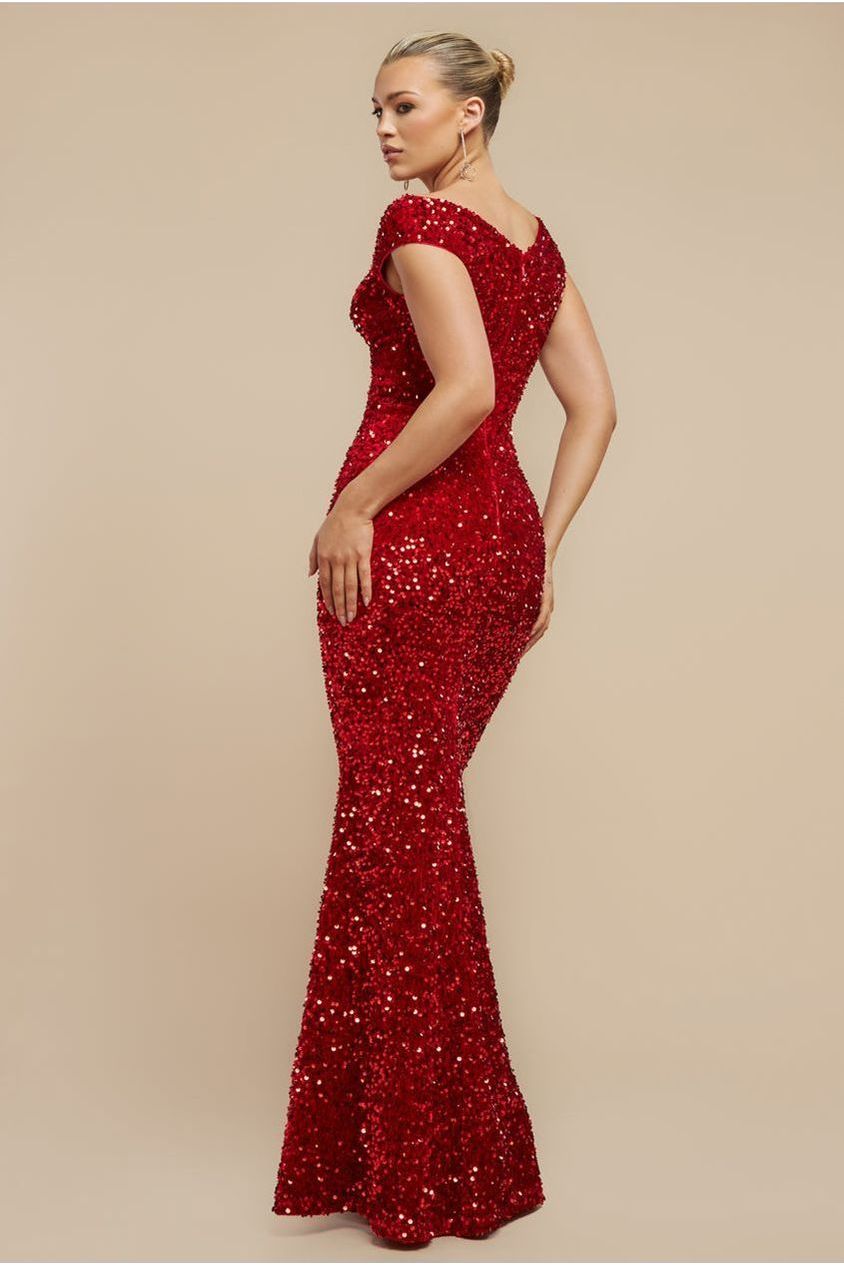Multi Sequin & Velvet Bardot Maxi Dress - Red DR3512