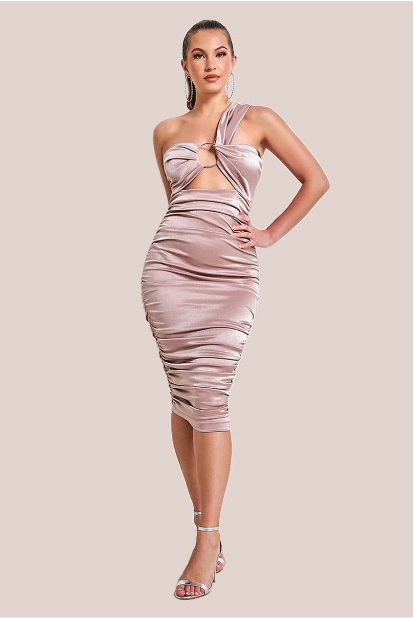 Ring Detail One Shoulder Ruched Midi - Champagne DR3548