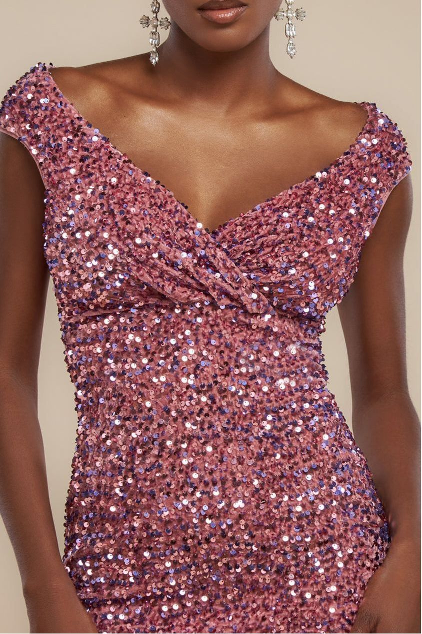 Multi Sequin & Velvet Bardot Midi Dress - Blush Pink DR3550