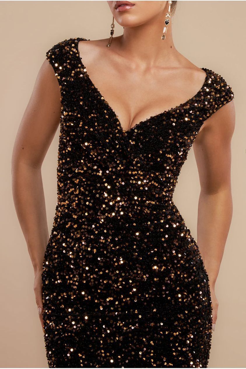 Multi Sequin & Velvet Bardot Midi Dress - Gold DR3550