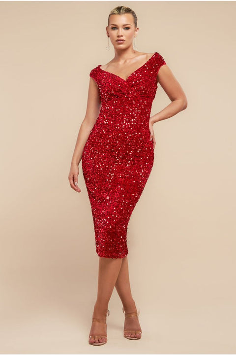 Multi Sequin & Velvet Bardot Midi Dress - Red by Goddiva