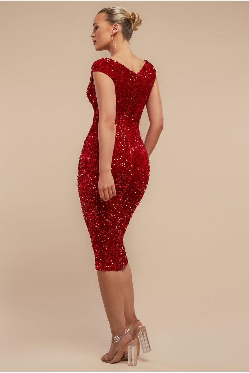 Multi Sequin & Velvet Bardot Midi Dress - Red DR3550