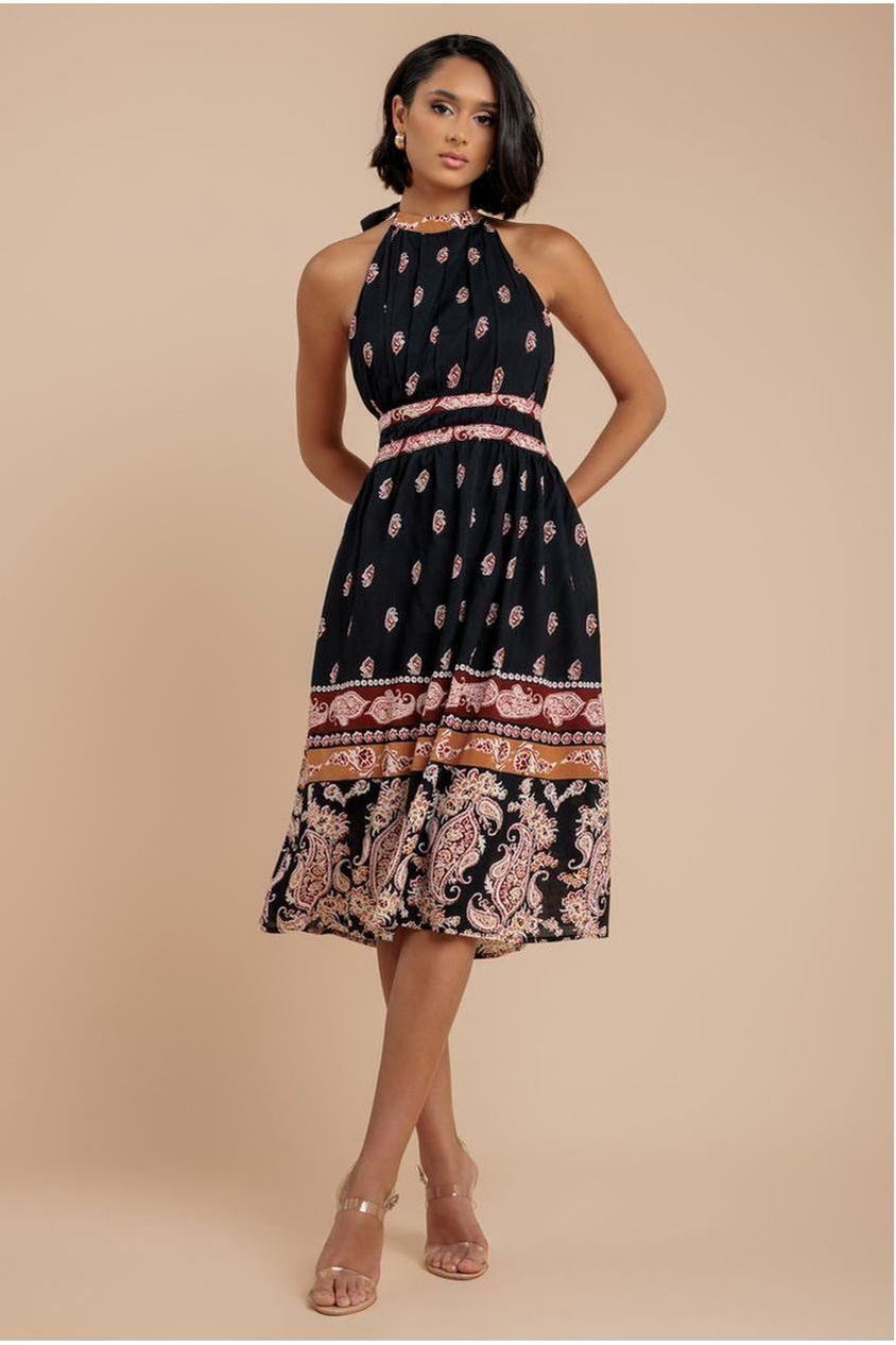 Halter Neck Printed Midi Dress - Black DR3557