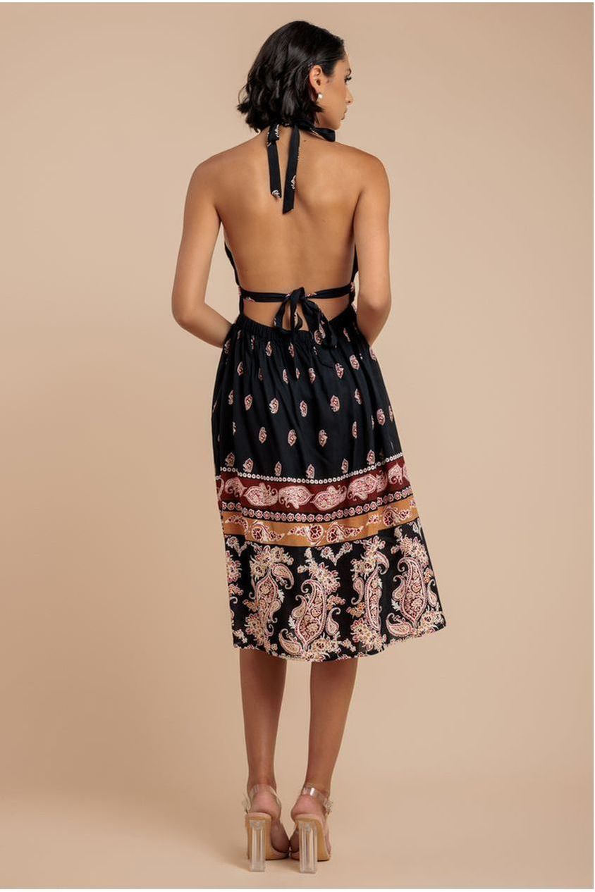 Halter Neck Printed Midi Dress - Black DR3557