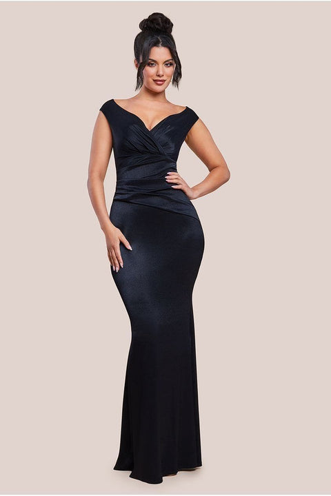 Satin Off The Shoulder Maxi Dress - Black by Goddiva