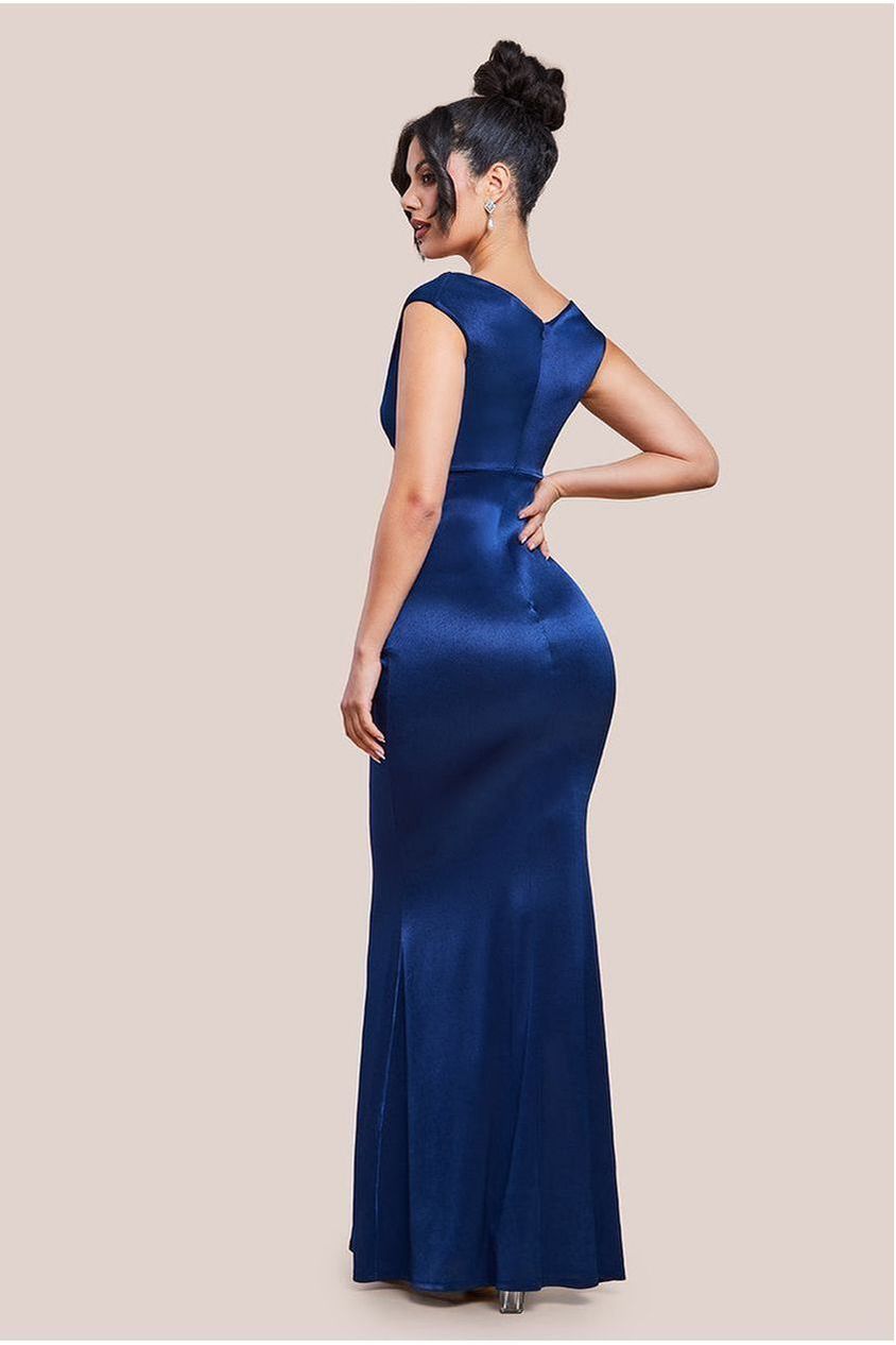 Satin Off The Shoulder Maxi Dress - Navy Blue DR3580