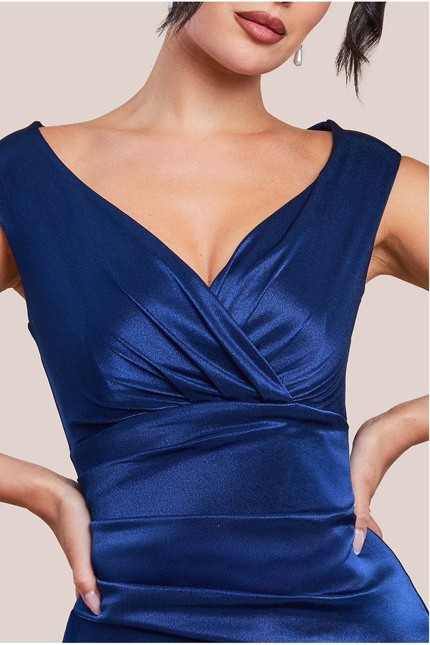 Satin Off The Shoulder Maxi Dress - Navy Blue DR3580