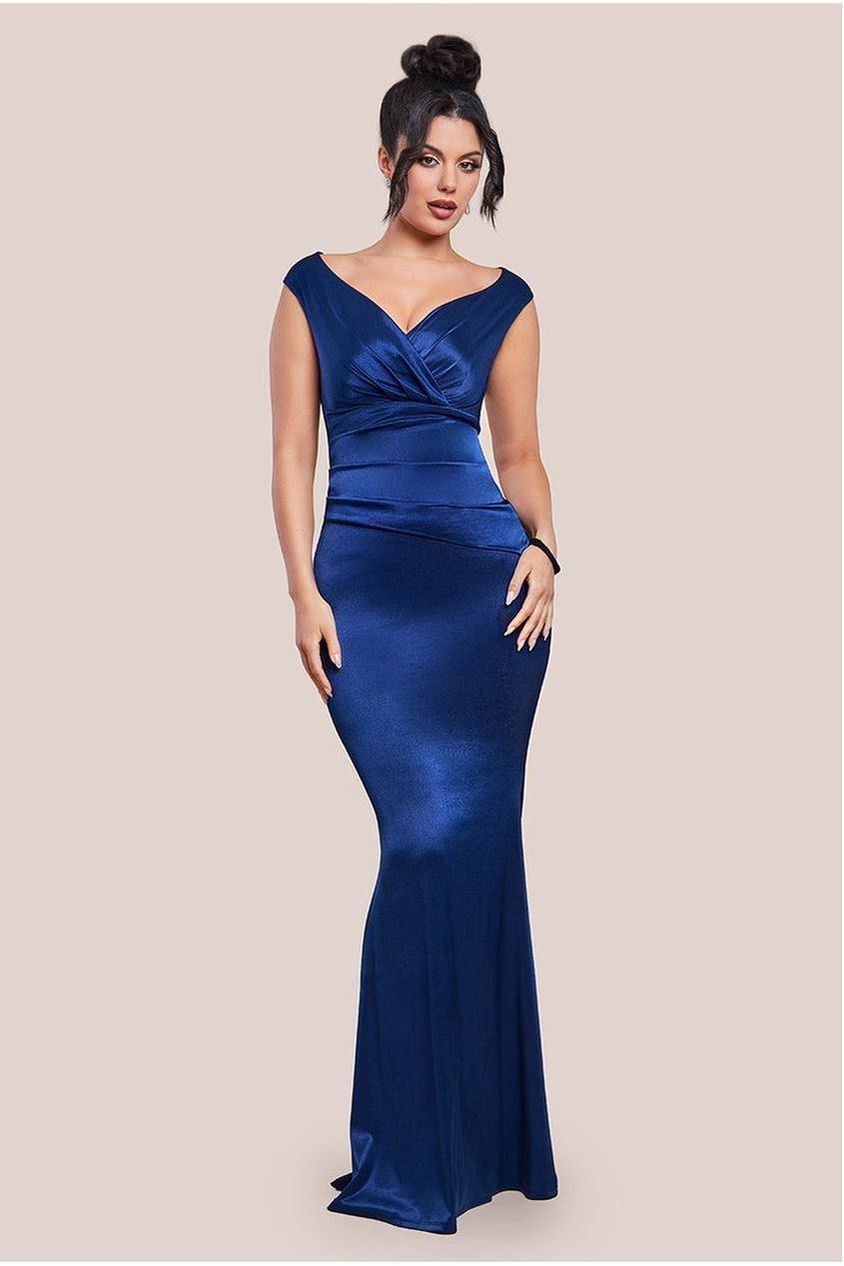 Satin Off The Shoulder Maxi Dress - Navy Blue DR3580