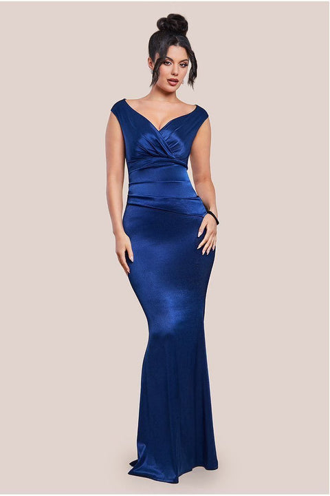 Satin Off The Shoulder Maxi Dress - Navy Blue by Goddiva