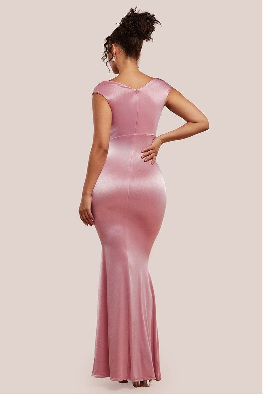 Satin Off The Shoulder Maxi Dress - Pink DR3580