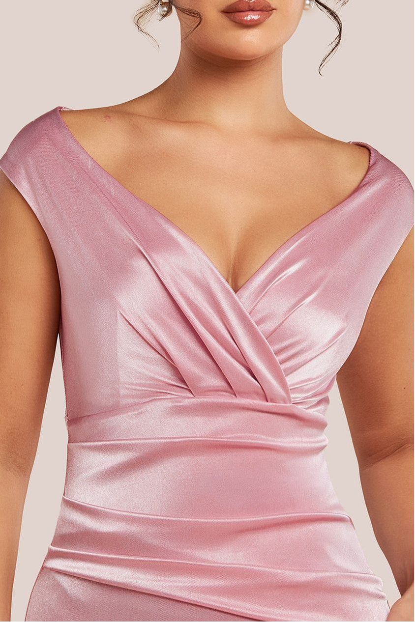 Satin Off The Shoulder Maxi Dress - Pink DR3580