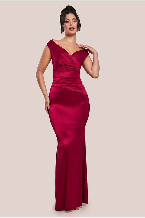 Satin Off The Shoulder Maxi Dress - Wine by Goddiva