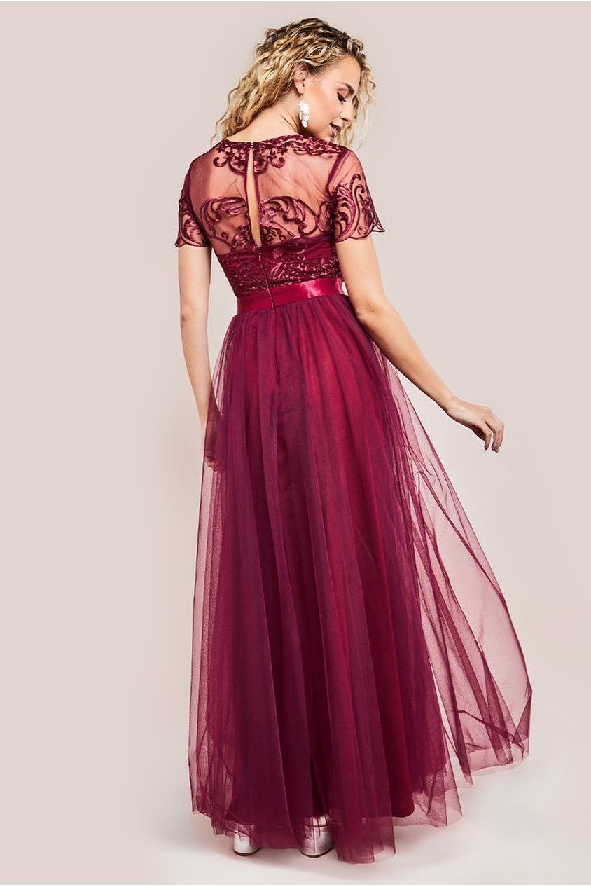 Embroidered Mesh Maxi Dress - Burgundy DR3584