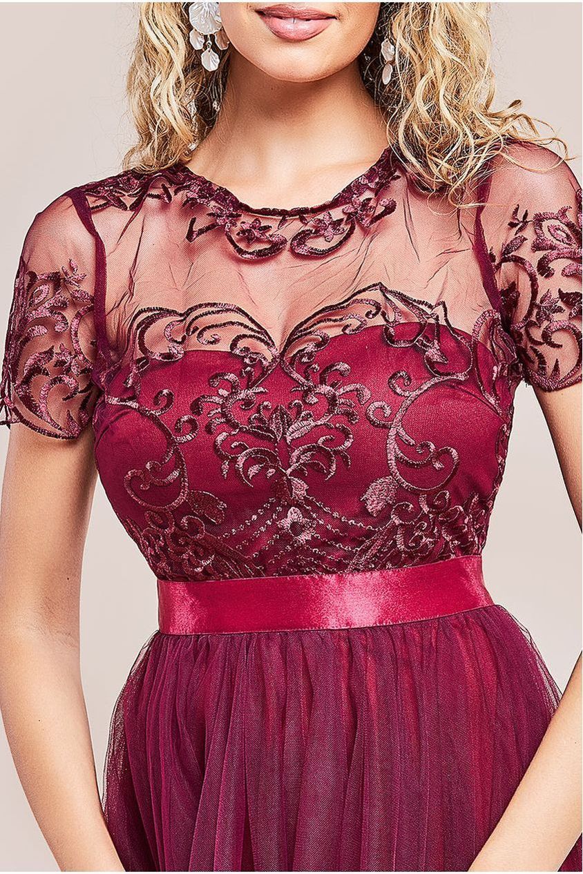 Embroidered Mesh Maxi Dress - Burgundy DR3584