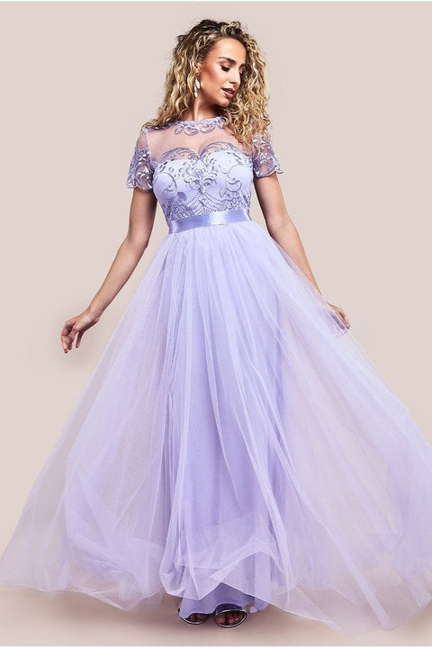 Embroidered Mesh Maxi Dress - Lilac by Goddiva
