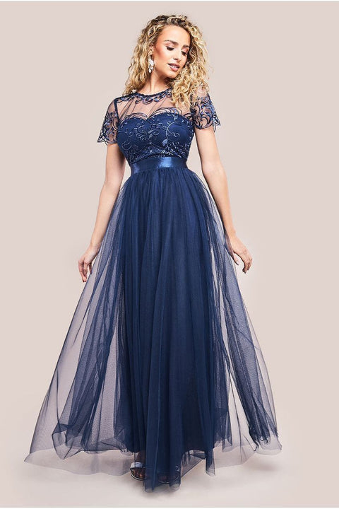 Embroidered Mesh Maxi Dress - Navy by Goddiva