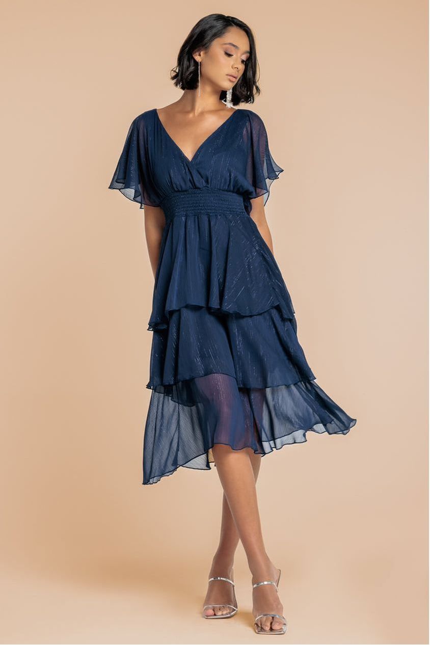 Chiffon Layered Flutter Sleeve Midi Dress - Navy DR3590QZ