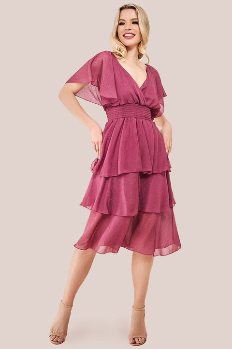 Chiffon Layered Flutter Sleeve Midi Dress - Pink by Goddiva