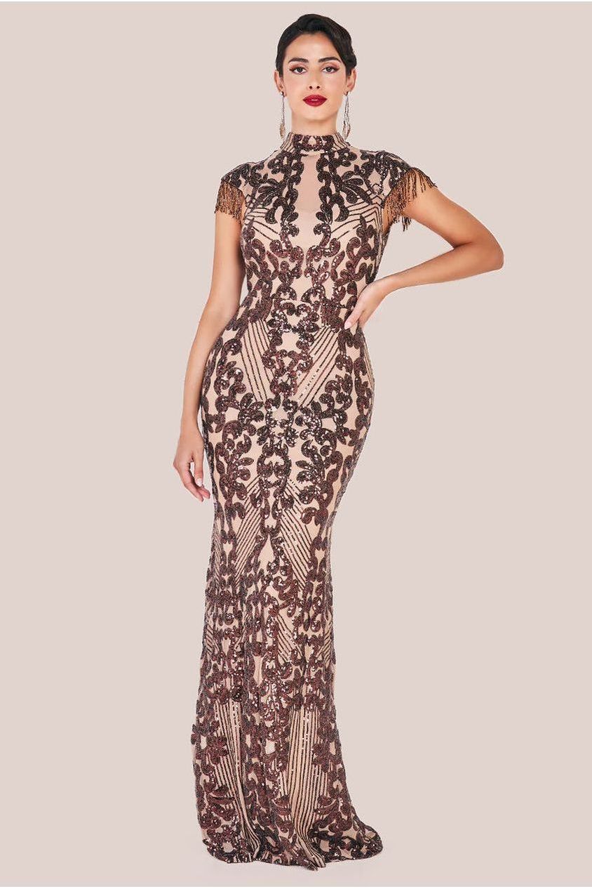 Embroidered Sequin Beaded Cap Sleeve Maxi - Brown DR3591