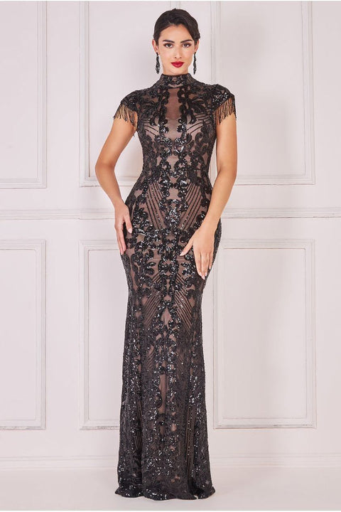 Embroidered Sequin Beaded Cap Sleeve Maxi - Black by Goddiva