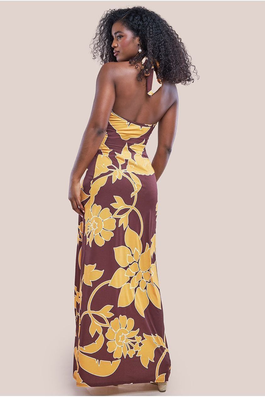 Printed Crossover Maxi Dress - Brown DR3602