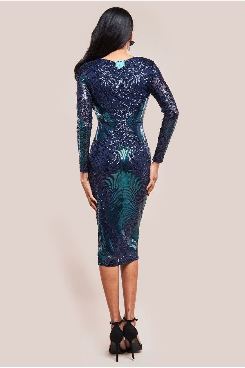 Contrast Sequin Long Sleeve Midi Dress - Emerald DR3607