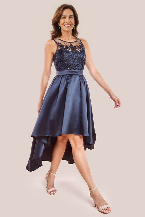 Sequin & Satin Dipped Hem Midi Dress - Black by Goddiva