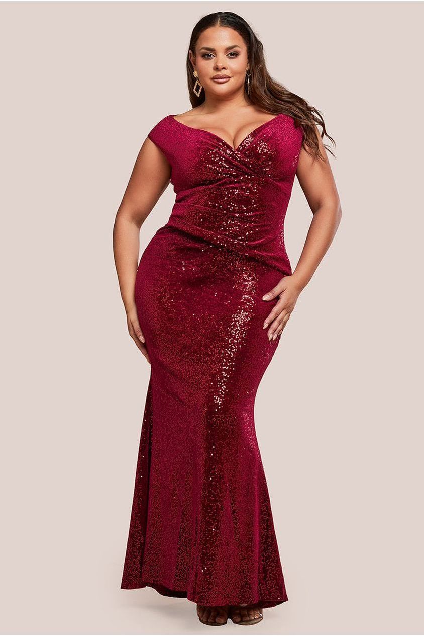 Sequin & Velvet Bardot Maxi Dress - Wine DR3623P