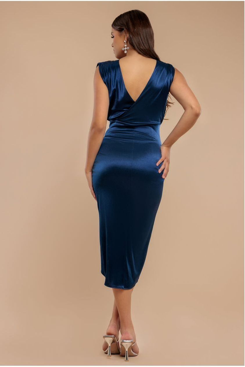Satin Wrap Knotted Midi Dress - Navy DR3637
