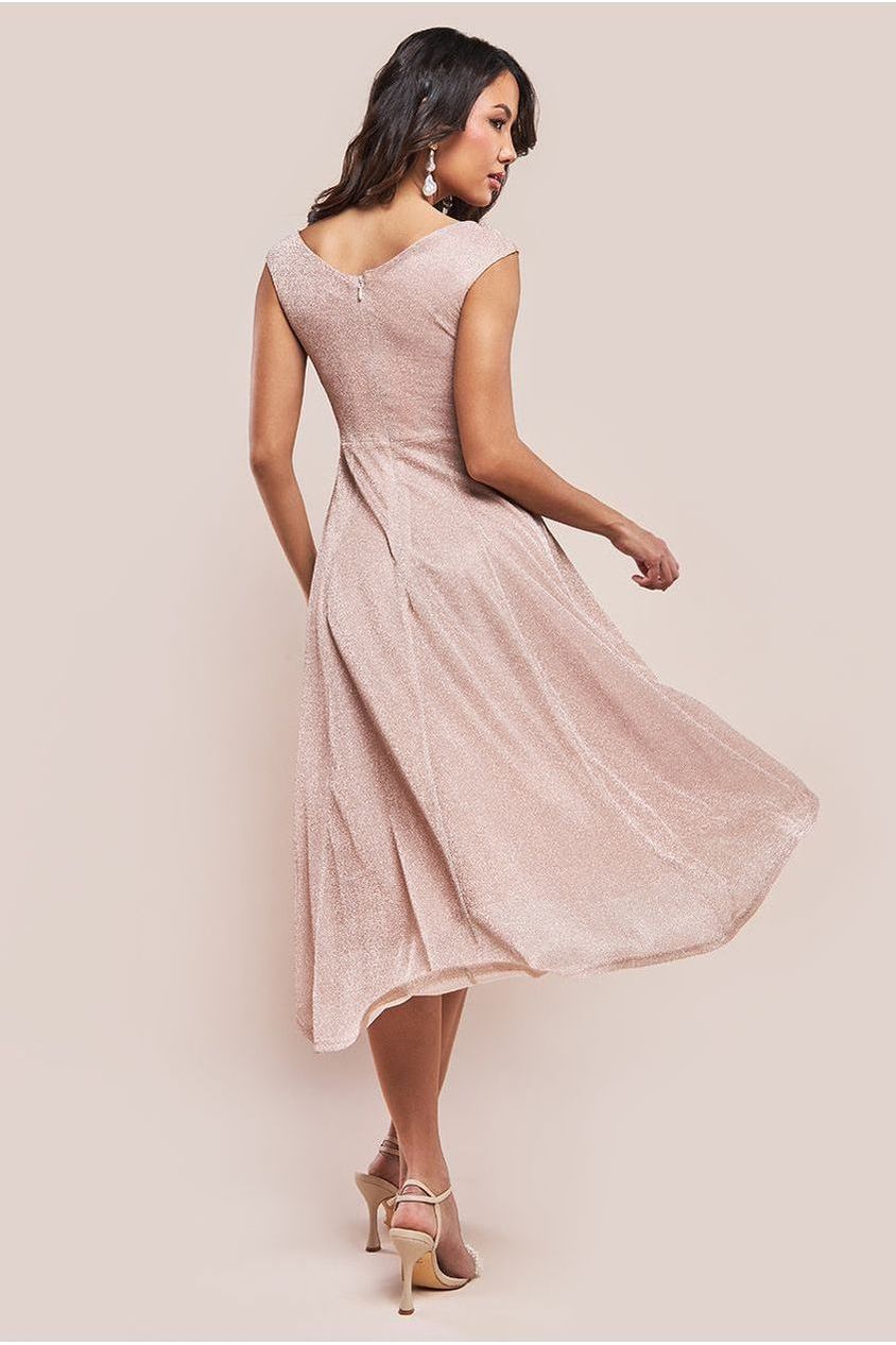 Off The Shoulder Lurex High Low Dress - Nude DR3642