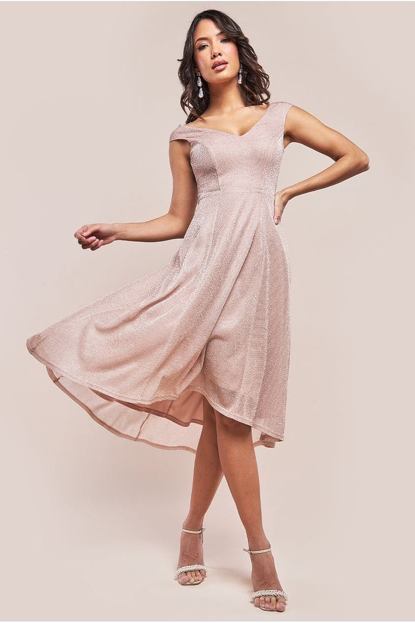 Off The Shoulder Lurex High Low Dress - Nude DR3642