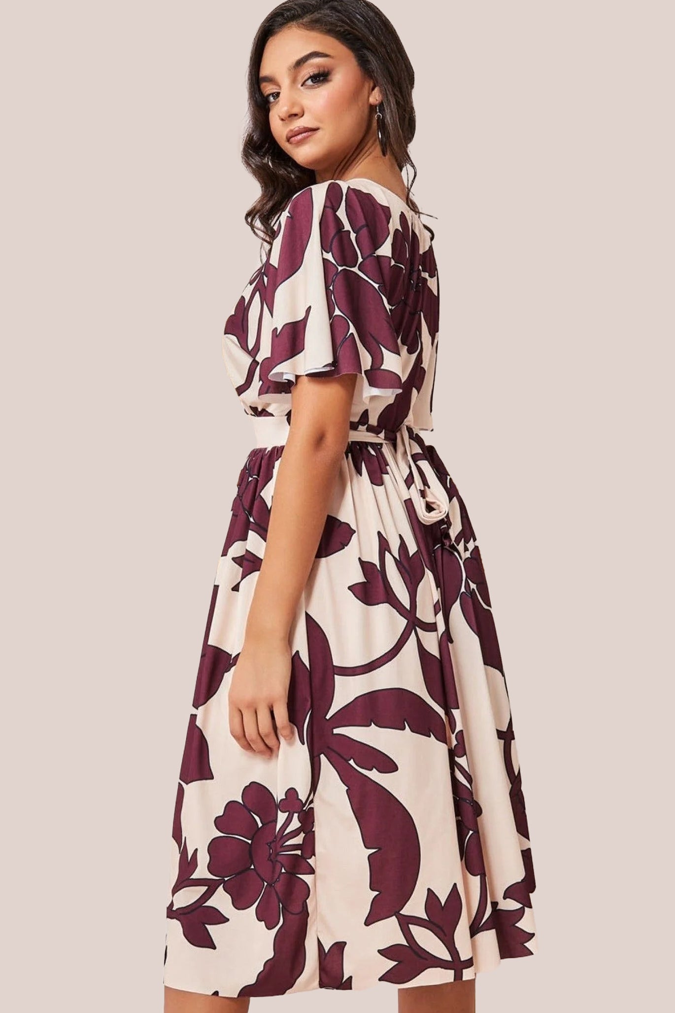 Leaf Print Flutter Sleeve Midi - Cream DR3651