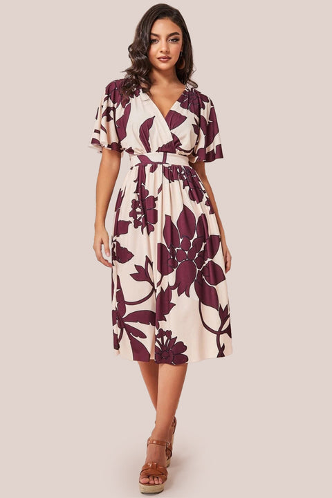 Leaf Print Flutter Sleeve Midi - Cream by Goddiva