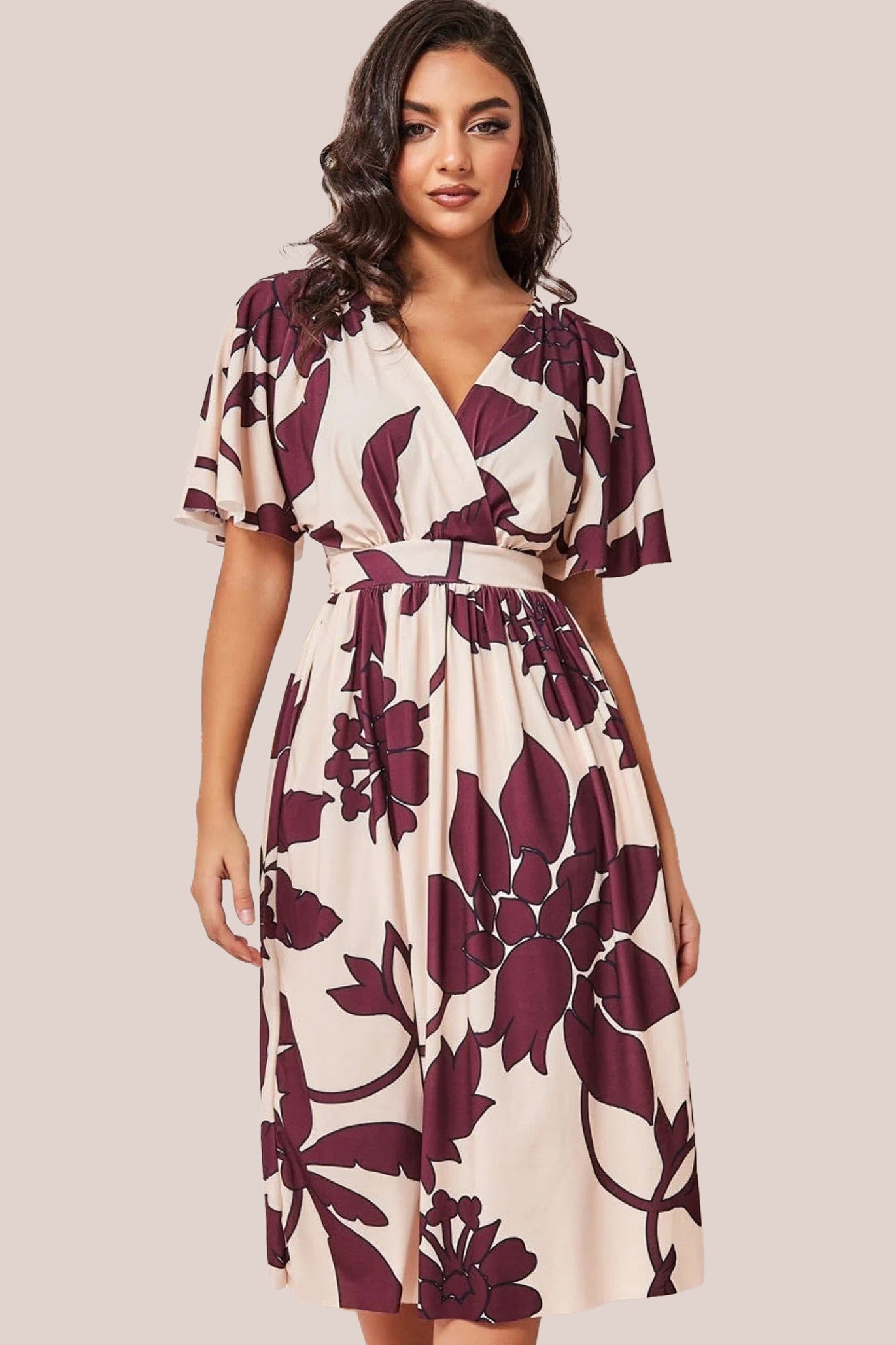 Leaf Print Flutter Sleeve Midi - Cream DR3651