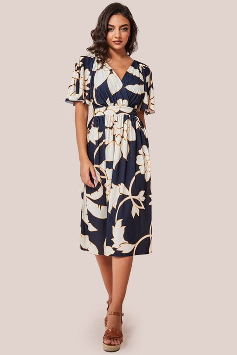 Leaf Print Flutter Sleeve Midi - Navy by Goddiva