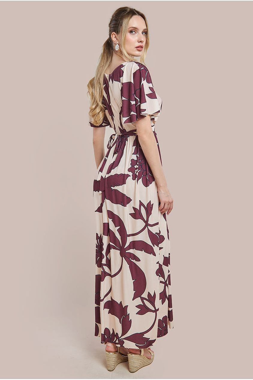 Leaf Print Flutter Sleeve Maxi Dress - Cream DR3652