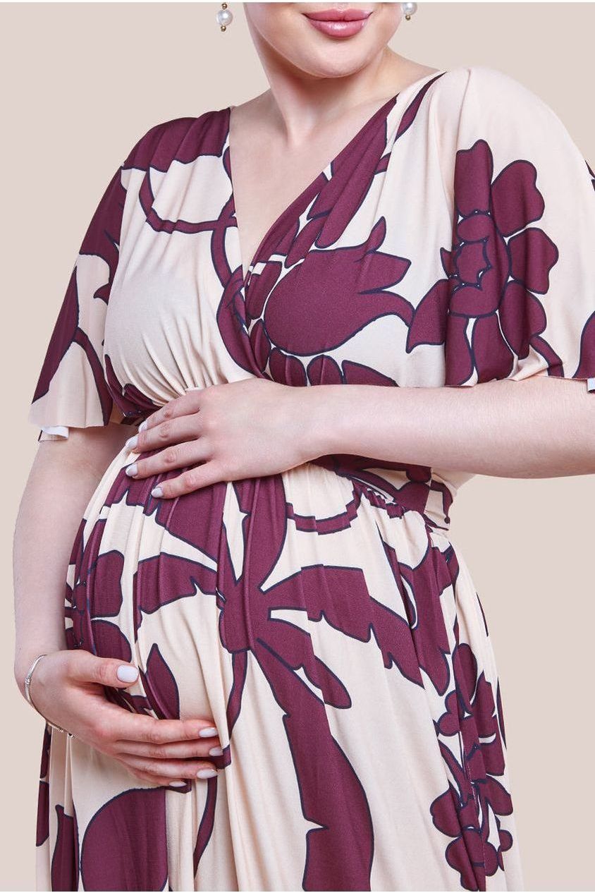 Maternity Leaf Print Flutter Sleeve Maxi Dress - Cream DR3652MAT