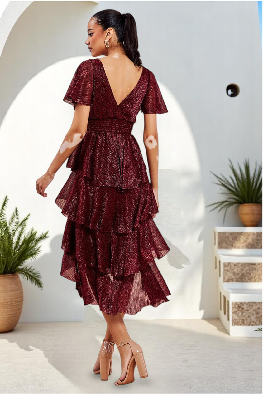 Crinkle Lurex High Low Layered Midi Dress - Wine DR3655