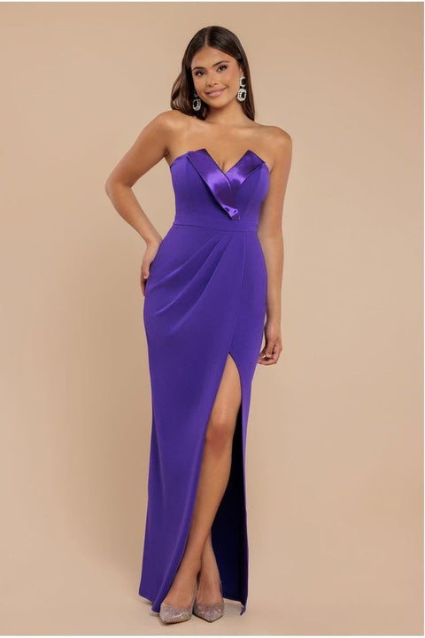 Satin & Scuba Maxi With Thigh Split - Purple by Goddiva