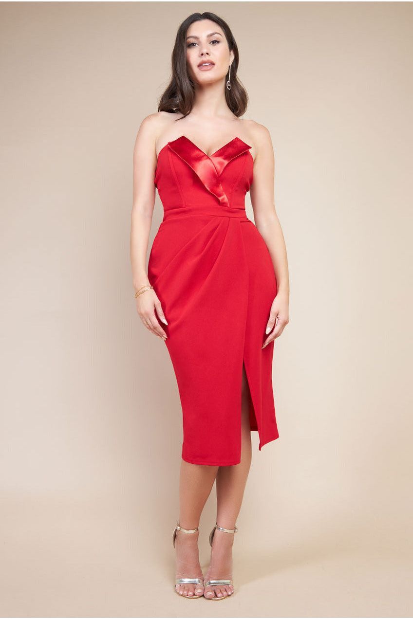 Satin Collar Scuba Midi Dress - Red DR3661
