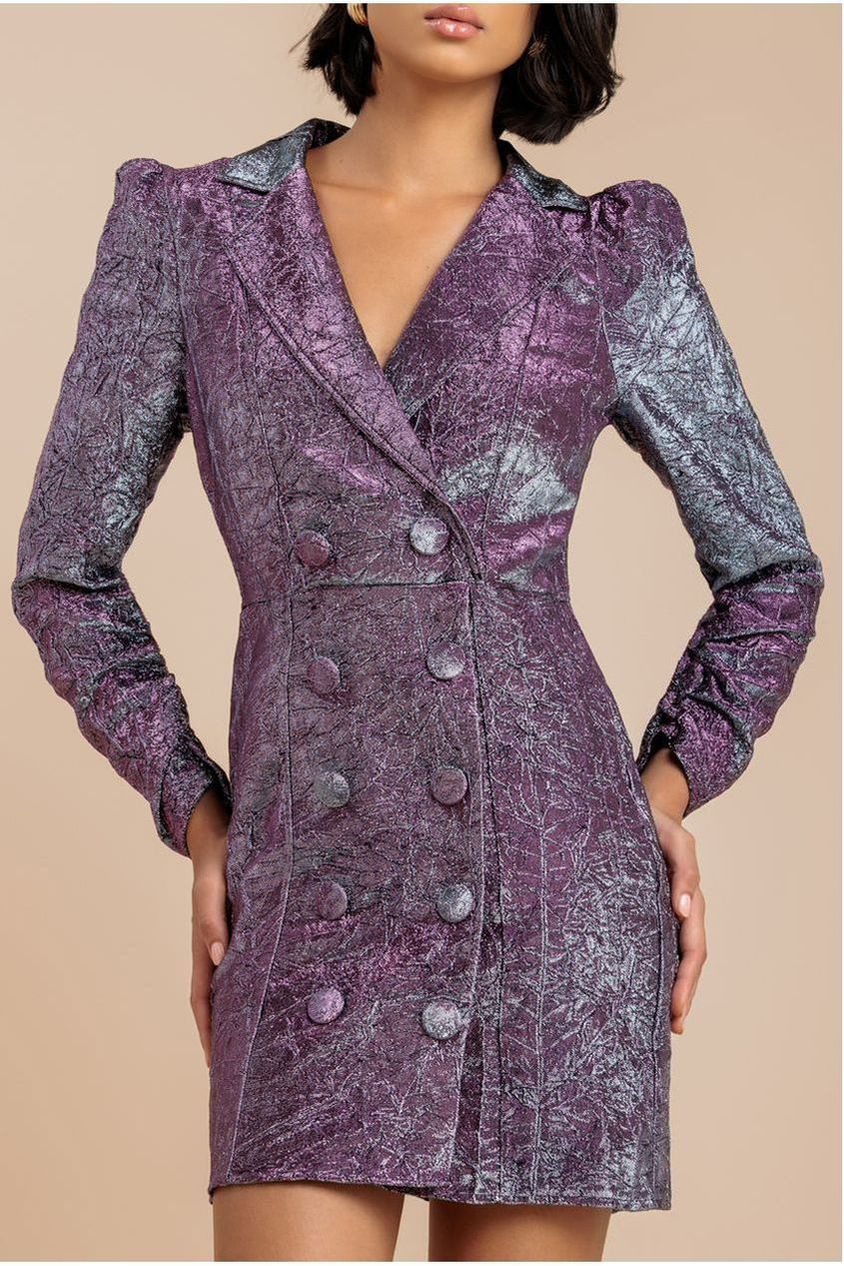 Iridescent Foil Print Blazer Mini Dress - Silver DR3669