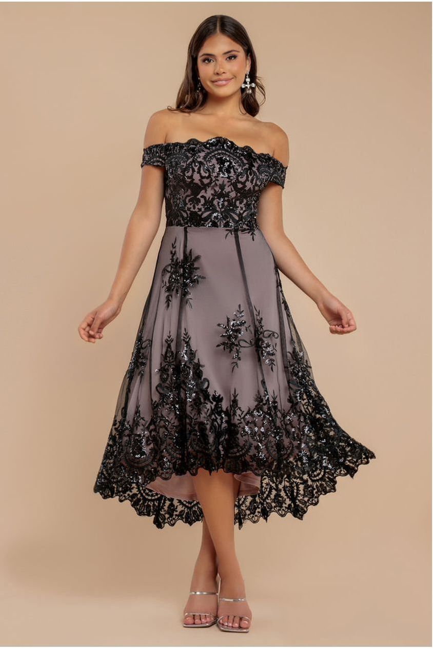 Bardot Sequin & Lace High Low Midi - Black DR3675