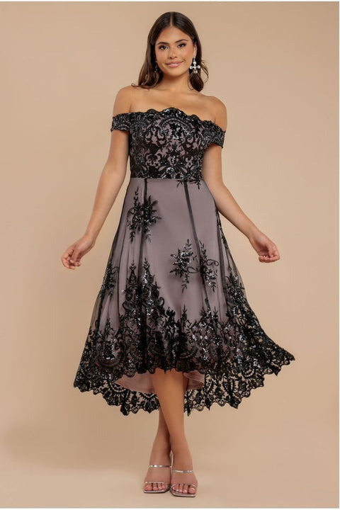 Bardot Sequin & Lace High Low Midi - Black by Goddiva
