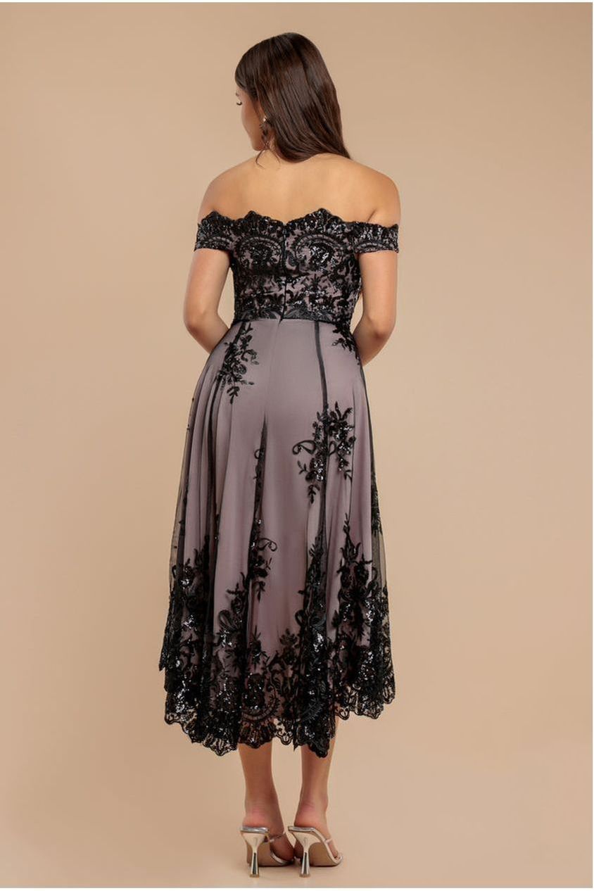 Bardot Sequin & Lace High Low Midi - Black DR3675