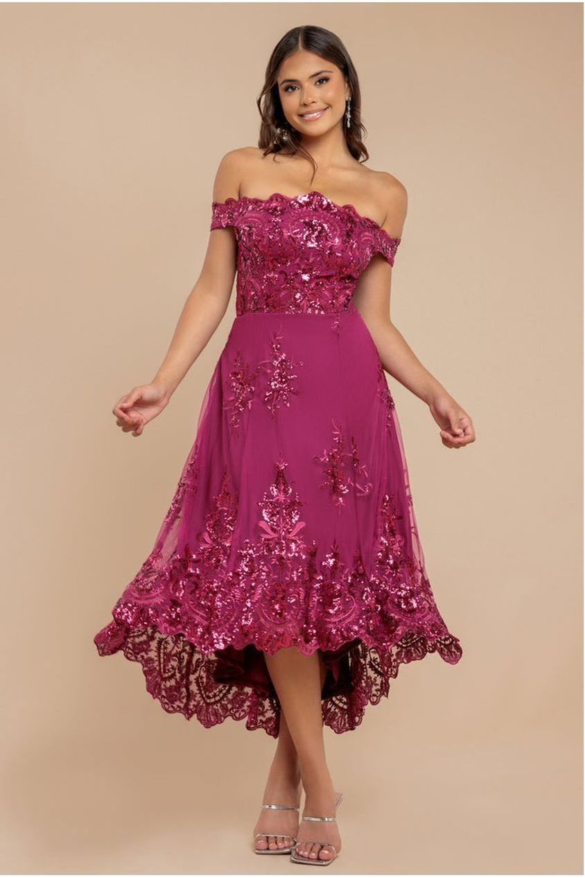 Bardot Sequin & Lace High Low Midi - Magenta DR3675