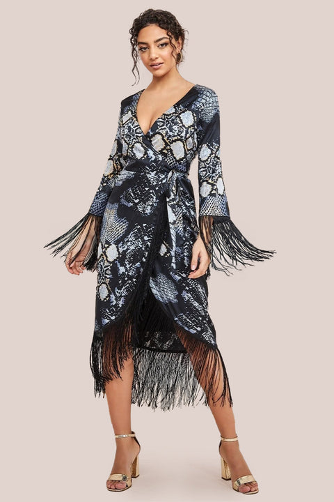 Foil Print Wrap Midi With Tassels - Black by Goddiva